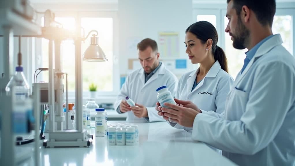 Laboratory staff checking reagents at the bench